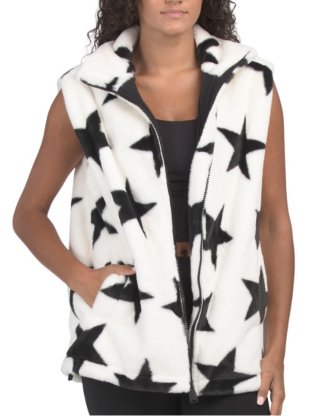 DKNY Black & White Star Print Hooded Faux Fur Vest With Pockets